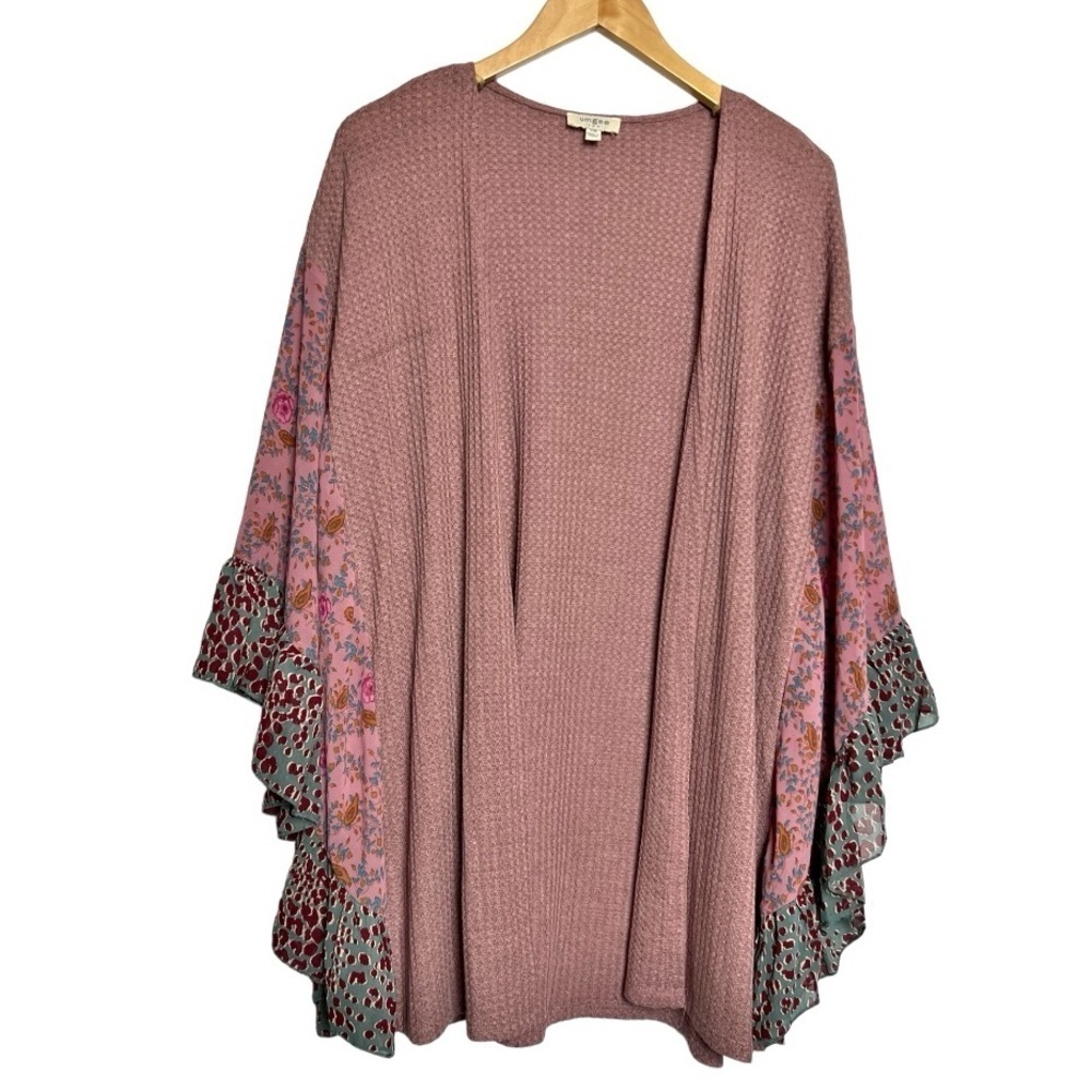 Umgee Waffle Knit Floral Dolman Sleeve Open Front Cardigan Mauve S/M